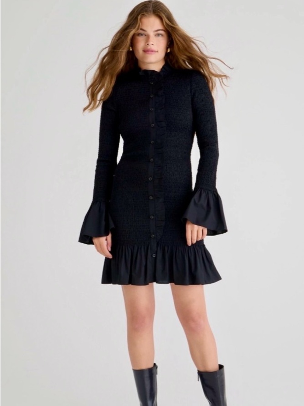 J. Crew 100% Organic Cotton Smocked Long-Sleeve Ruffle-Hem Mini Dress